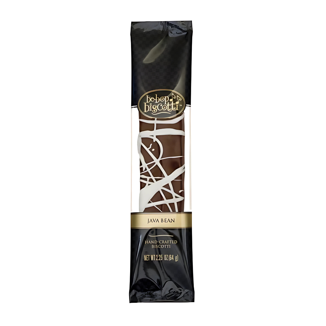 Java Bean biscotti with a coffee-colored dark chocolate
layer and white icing, in black and gold packaging.